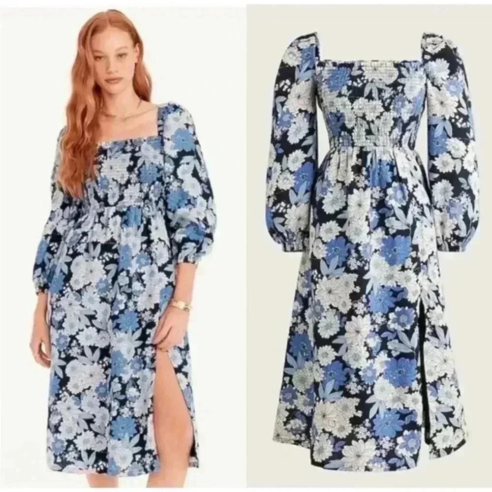 J.Crew‎ Blue Floral Day Dream zinnia dress size Small petite linen puff s…